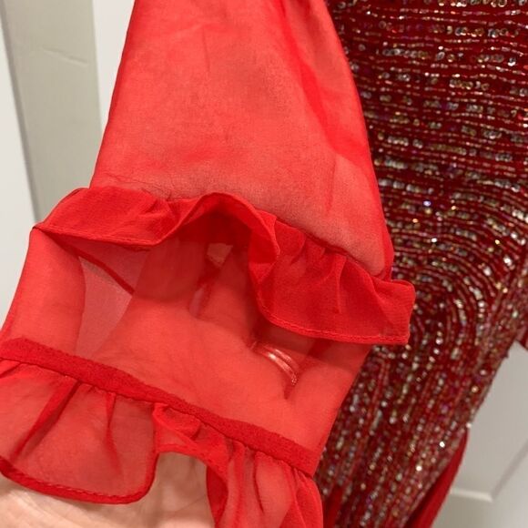 Vintage Red long-sleeve  beaded and sequined chiffon evening dress - Picture 12 of 14